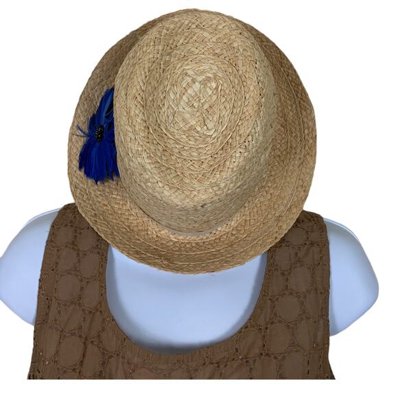 Woven Straw Raffia Fedora Hat With Feather Pin One Size Cottagecore Twee - Picture 1 of 4